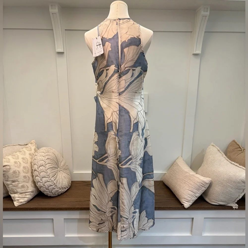 Reiss Satin Floral Drape Midi Dress in Blue & Cream Size 6 NWT - Picture 5 of 5